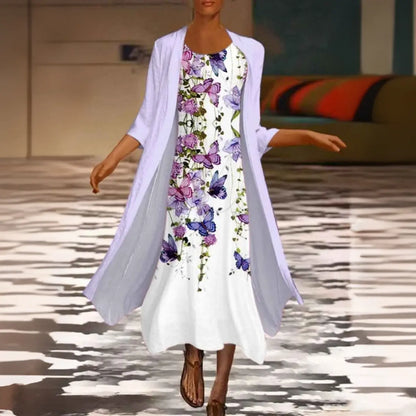 🌻 Reducere -50%🔥【40-120 kg】Rochie nouă pentru femei cu imprimeu floral, rochie din două piese și decolteu rotund