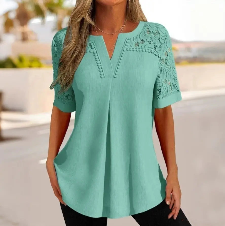 🌸✨ [40-120kg] Tricou nou cu mânecă scurtă, cu dantelă și decolteu în V 👚💖
