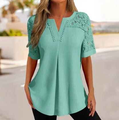 🌸✨ [40-120kg] Tricou nou cu mânecă scurtă, cu dantelă și decolteu în V 👚💖