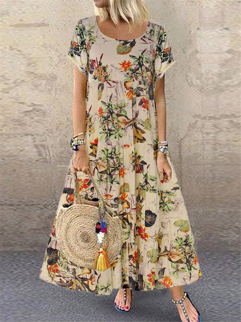 🌼【40-120 kg】Rochie retro pentru femei cu motiv floral, mâneci scurte și decolteu rotund, mărime mare