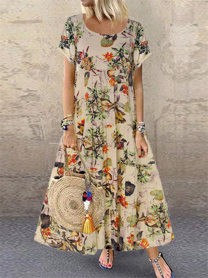 🌼【40-120 kg】Rochie retro pentru femei cu motiv floral, mâneci scurte și decolteu rotund, mărime mare
