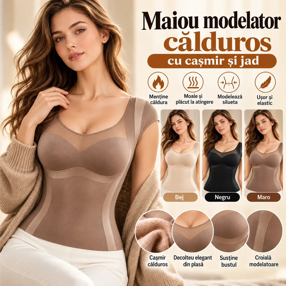 【L-2XL / 3 culori】Maiou modelator subțire pentru toamnă și iarnă – modelează zona abdomenului, susține bustul, are design încrețit, nu necesită sutien și dispune de căptușeală periată