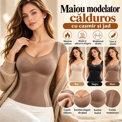 【L-2XL / 3 culori】Maiou modelator subțire pentru toamnă și iarnă – modelează zona abdomenului, susține bustul, are design încrețit, nu necesită sutien și dispune de căptușeală periată