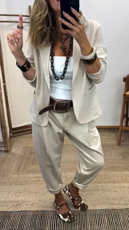 💎【40-100 kg】Set jachetă și pantaloni de damă cu revere - croială mulată, material moale
