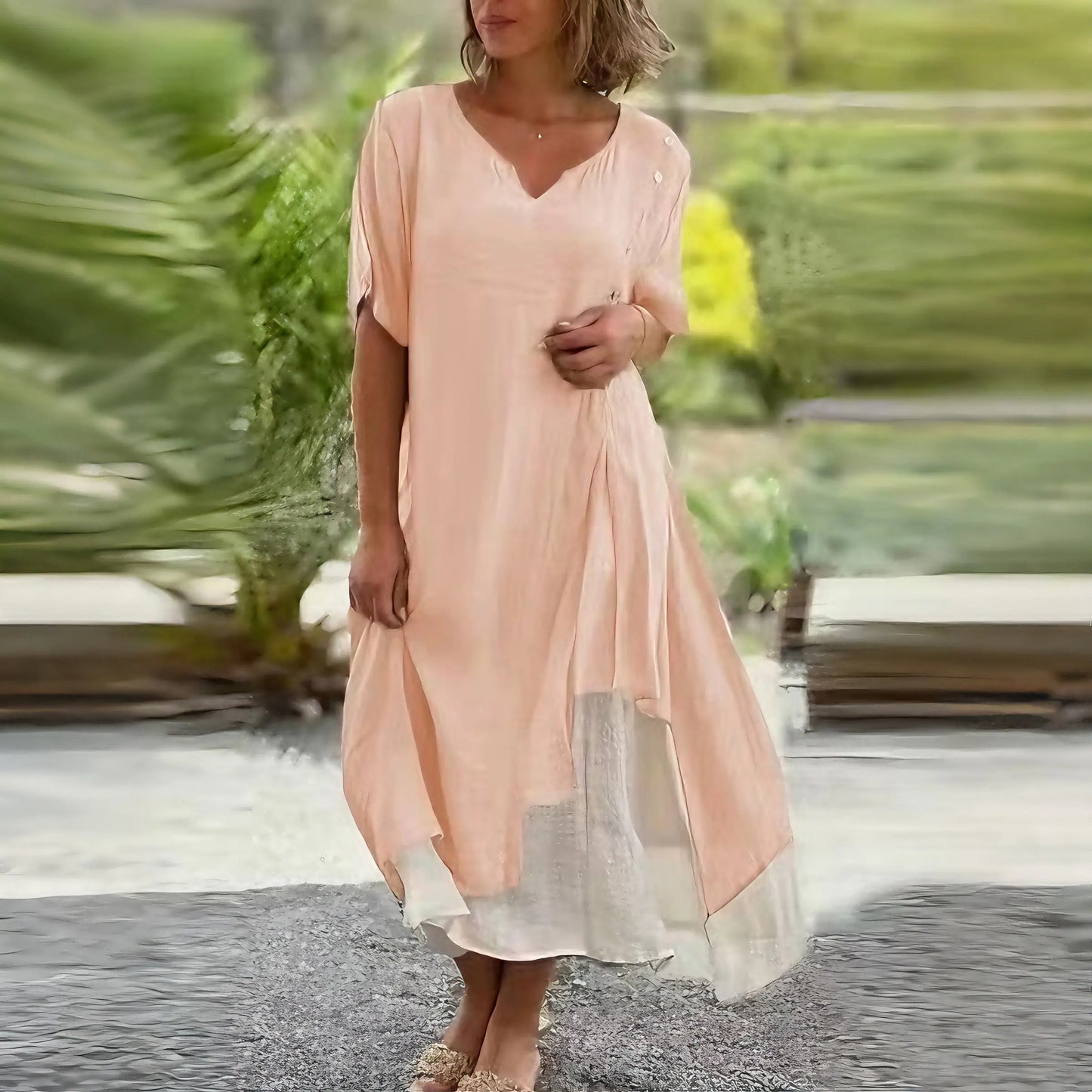 🎁【S-4XL】Rochie de lenjerie intimă din bumbac, la modă, cu decolteu în V, falsă, din două piese, neregulată, din două piese