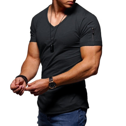 💪👔Tricou bărbătesc cu mânecă scurtă, în culoare uni, mulat și decolteu în V