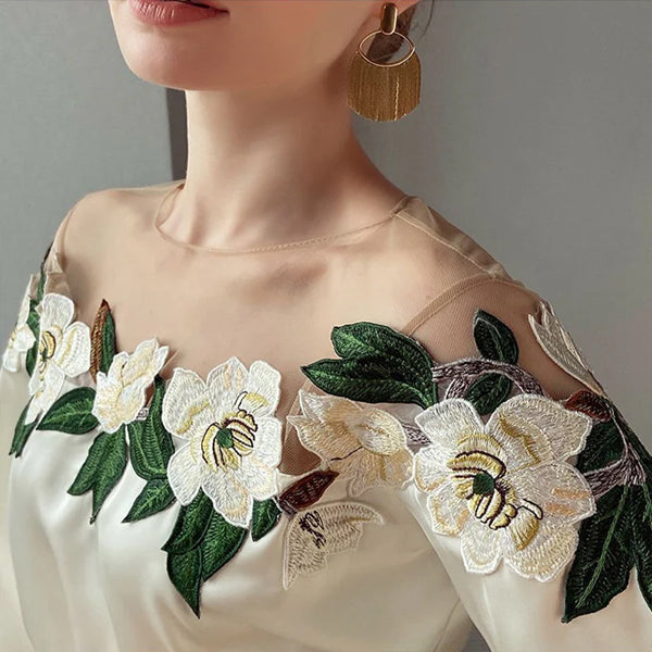 Celebrity styl haftowany ścieg satynowy bluzka kobiety 2025