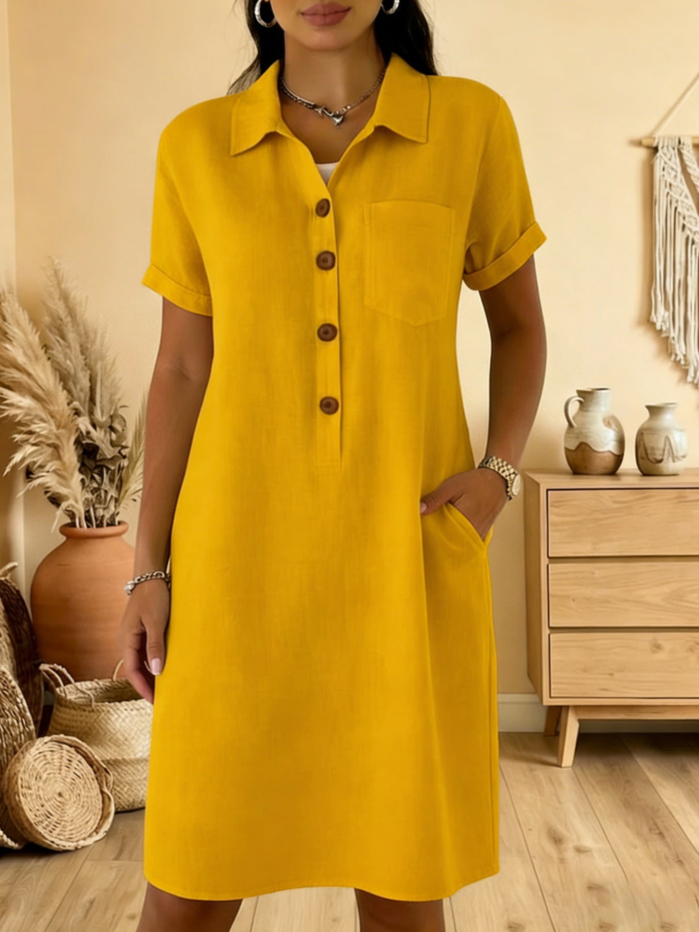 ⏳ Ofertă limitată! ⏰🍋【40-100 kg】Rochie de damă din bumbac cu buzunare