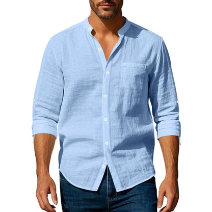 👔🔥 Camisa informal de lino para hombre, manga larga, cuello alto, tejido transpirable.