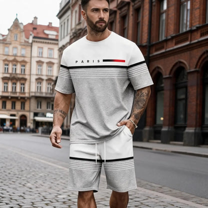 😍【S-6XL】(Bluză + Pantaloni) Set bărbătesc casual și confortabil, format din cămașă cu mânecă scurtă și pantaloni scurți cu imprimeu cu litere.