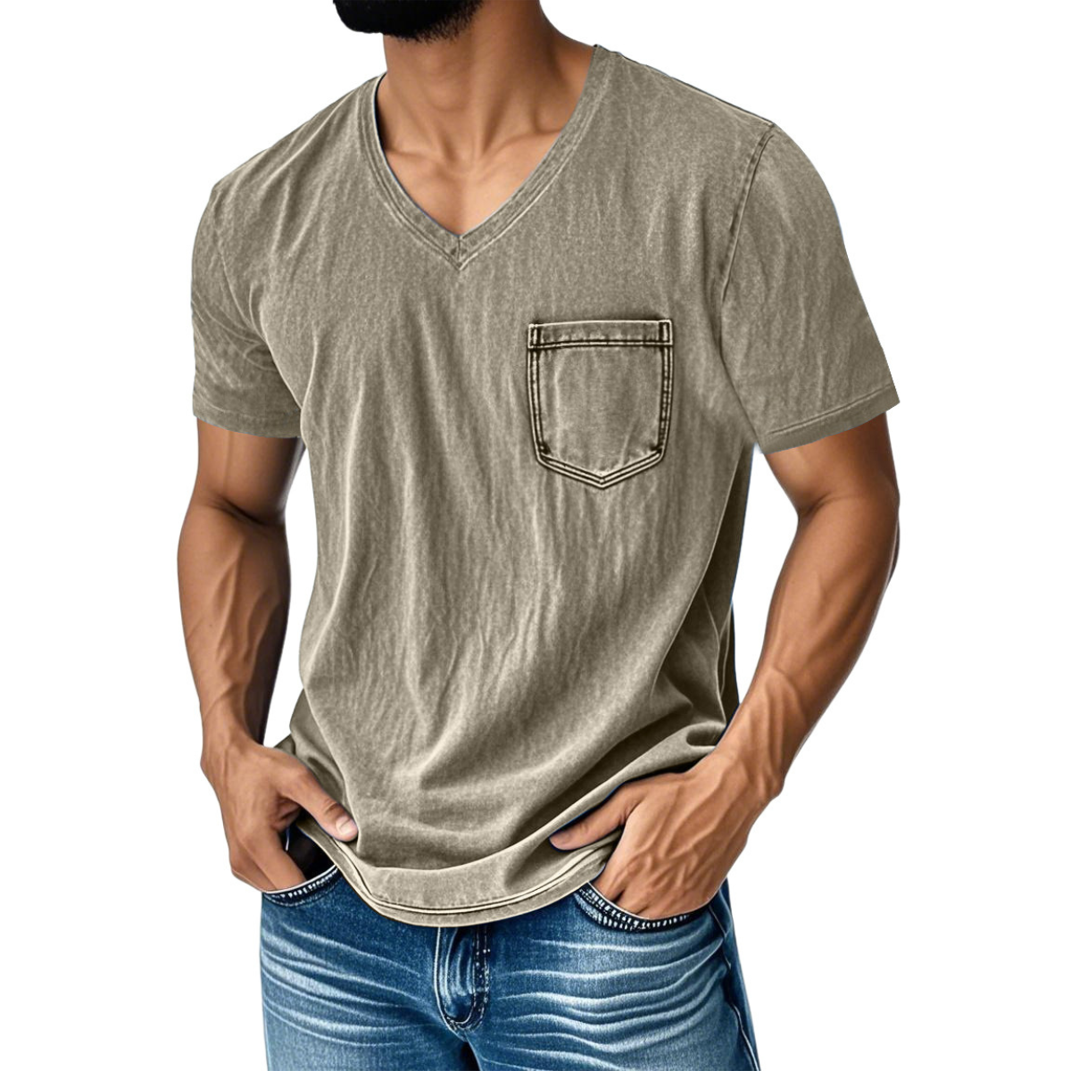 👔 50% reducere🔥【40-120 kg】Tricou bărbătesc din denim, casual, lejer, cu decolteu în V și mânecă scurtă ✅️Ramburs la livrare