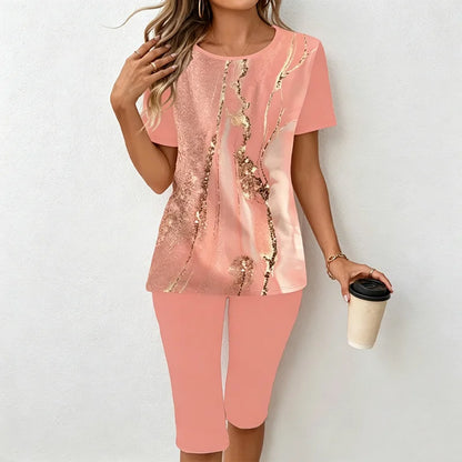🎁【Tricou + pantaloni】Set casual din două piese pentru femei cu imprimeu marmorat, confecționat dintr-un material moale, respirabil și elastic