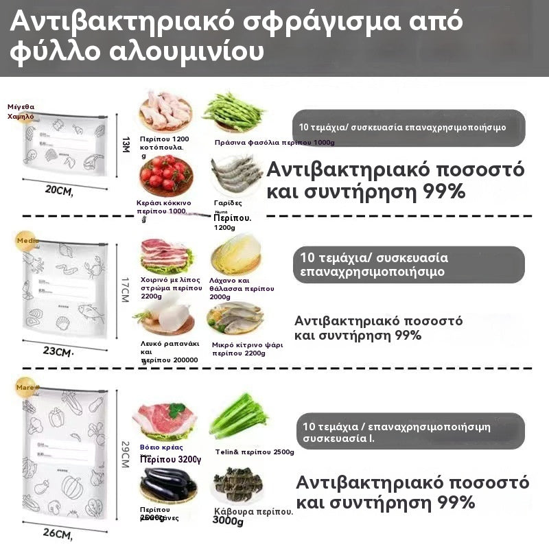 🥩【30/60/90 τεμάχια】Σφραγισμένη σακούλα διατήρησης της φρεσκάδας από αλουμινόχαρτο με φερμουάρ για οικιακή χρήση σε ψυγεία τροφίμων