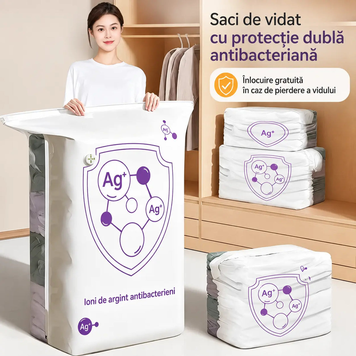 ✨【Set de 5 bucăți】💨 Saci mari de depozitare în vid, compresibili: fără pompă, etanși și ideali pentru economisirea spațiului în valize și acasă ✈️