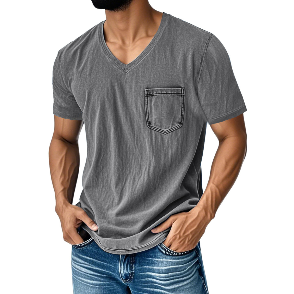 👔 50% reducere🔥【40-120 kg】Tricou bărbătesc din denim, casual, lejer, cu decolteu în V și mânecă scurtă ✅️Ramburs la livrare