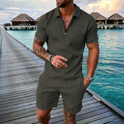 😎🔥【Top + Pantaloni】 (40-130 kg) Set de zi cu zi format din tricou polo cu fermoar și imprimeu 3D pentru bărbați