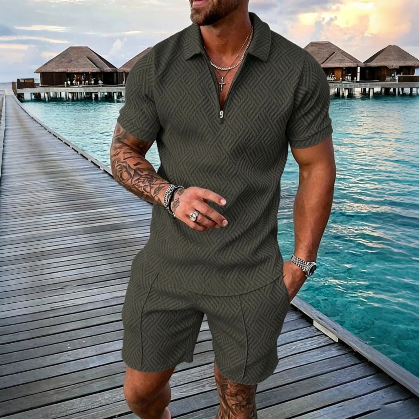 😎🔥【Top + Pantaloni】 (40-130 kg) Set de zi cu zi format din tricou polo cu fermoar și imprimeu 3D pentru bărbați