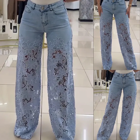 💥Lichidare de stoc💥👖Blugi la modă cu petice din dantelă și inserții din denim