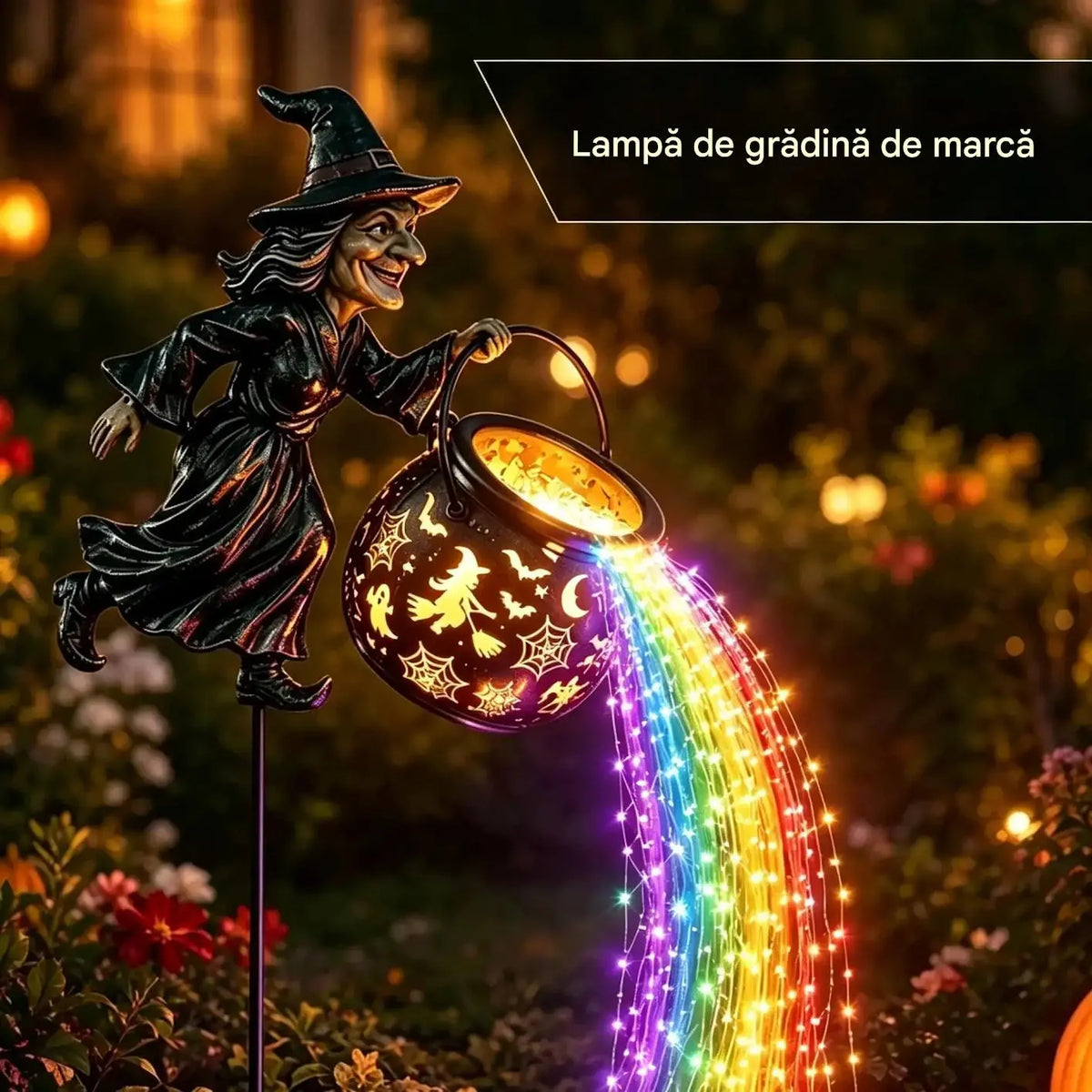 🧙‍♀️🎃 Lampă de grădină în formă de ceaun de vrăjitoare, cu lumină LED – Decorațiune exterioară spectaculoasă 🔮✨