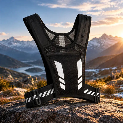 🏃 Vestă de Alergare și Sport cu Geantă pentru Piept · Buzunar cu Fermoar pentru Telefon · Suport Spate pentru Sticlă de Apă · Detalii Reflectorizante pentru Noapte · Plasă Respirabilă și Curele Reglabile!