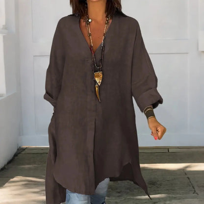 🔥Rochie cămașă casual din bumbac și in, cu crăpătură👚
