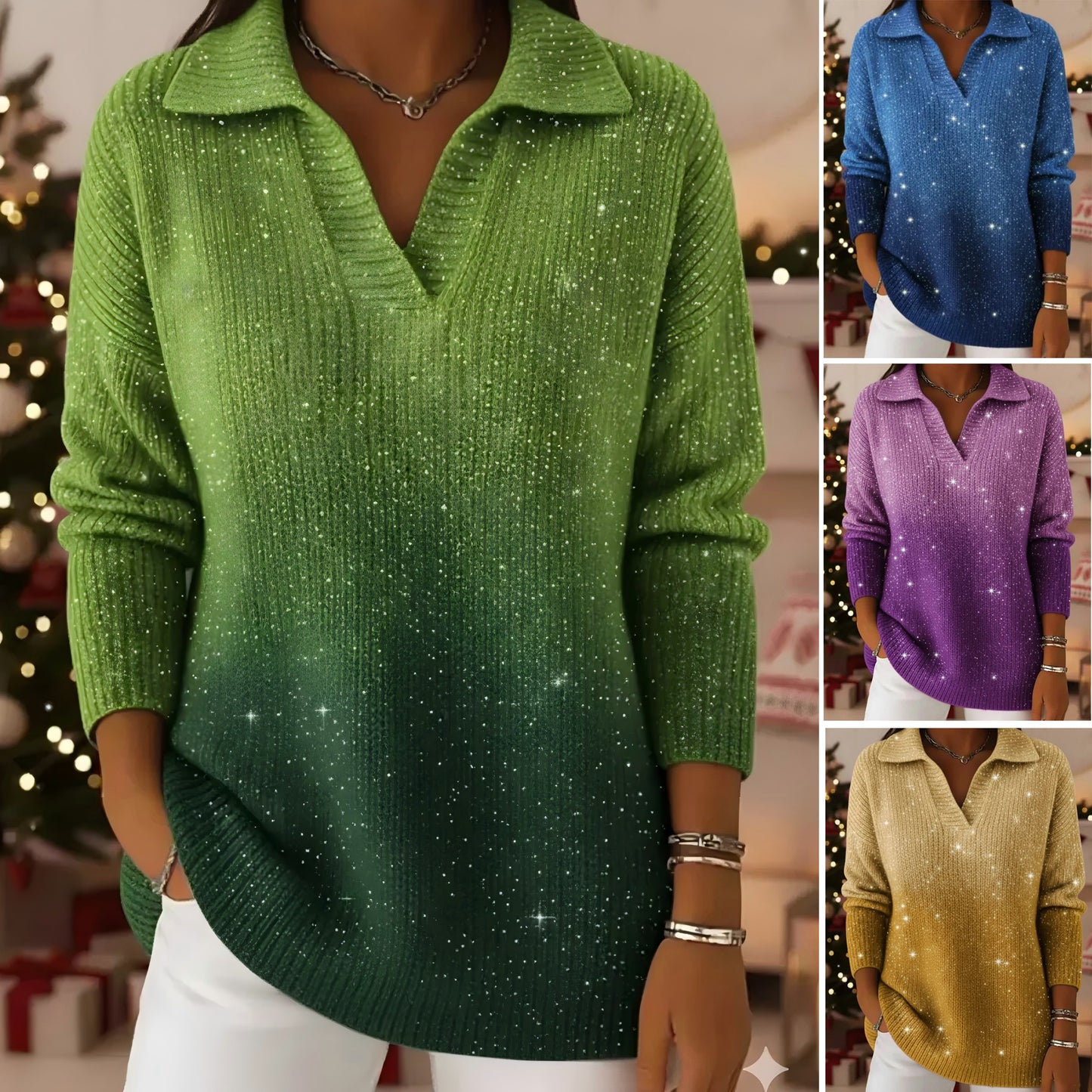 🔥Nowość w sprzedaży🔥【Rozmiary S-5XL】Pletený svetr s límcem a gradientowym wzorem Sennej Gwiazdnej Niebieskiej