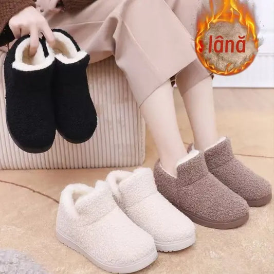 💟【35-41】Încălțăminte călduroasă, cu talpă plată, pentru vreme rece, prevăzută cu blană, lână și un material asemănător catifelei